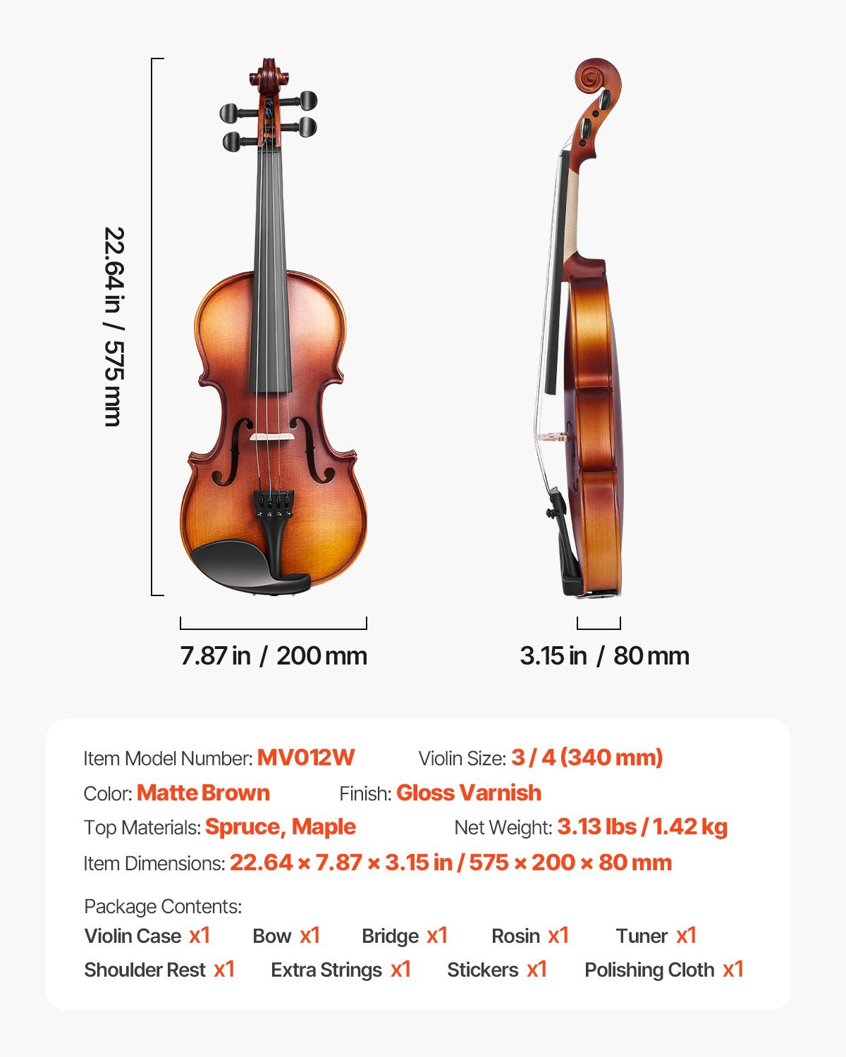 Violin 3/4 Size for Adults & Beginners - Complete Fiddle Set with Case, Bow, Rosin, Tuner, Strings & Accessories, Solid Wood Brown Finish