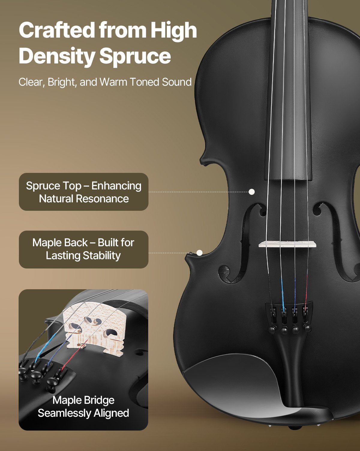 Complete 4/4 Full Size Violin Set for Adults & Beginners - Includes Hard Case, Bow, Rosin, Shoulder Rest, Tuner, Extra Strings - Professional Solidwood in Matte Black Finish