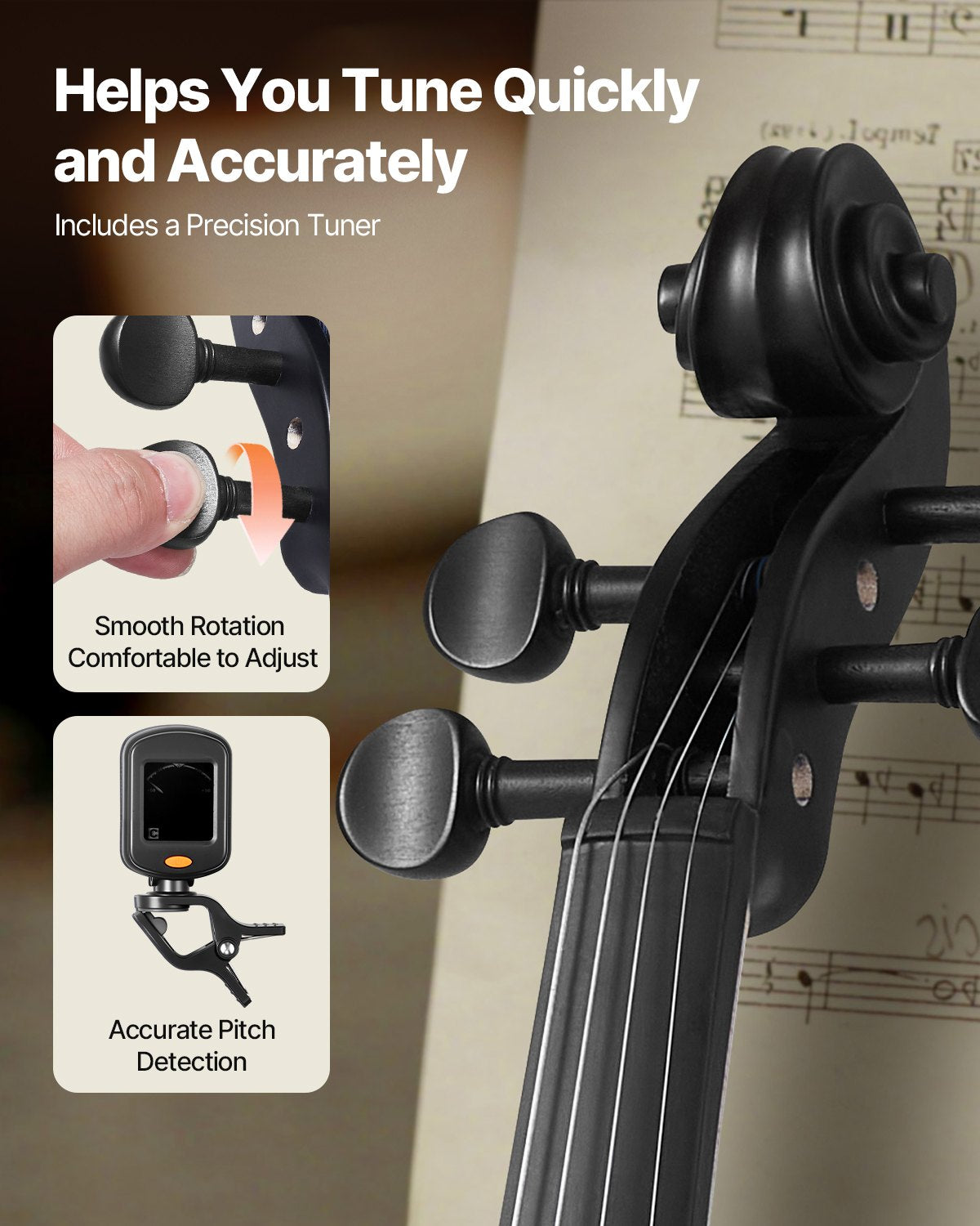 Complete 4/4 Full Size Violin Set for Adults & Beginners - Includes Hard Case, Bow, Rosin, Shoulder Rest, Tuner, Extra Strings - Professional Solidwood in Matte Black Finish