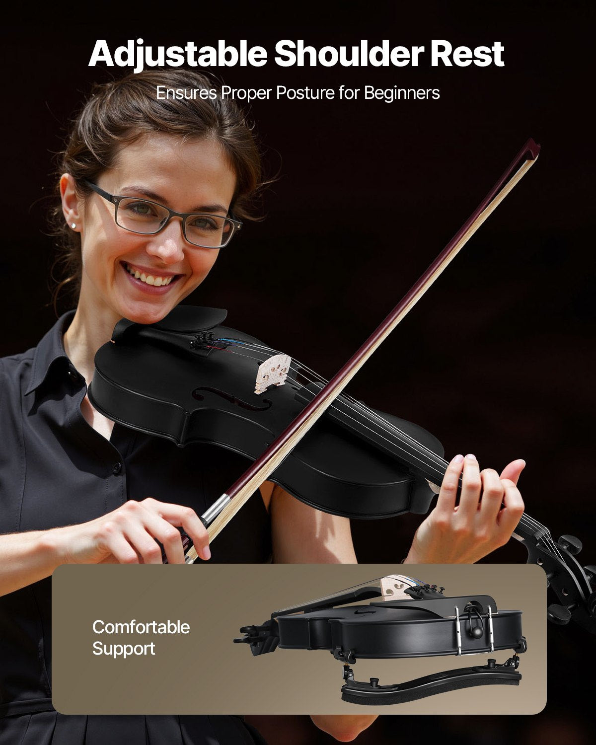 Complete 4/4 Full Size Violin Set for Adults & Beginners - Includes Hard Case, Bow, Rosin, Shoulder Rest, Tuner, Extra Strings - Professional Solidwood in Matte Black Finish