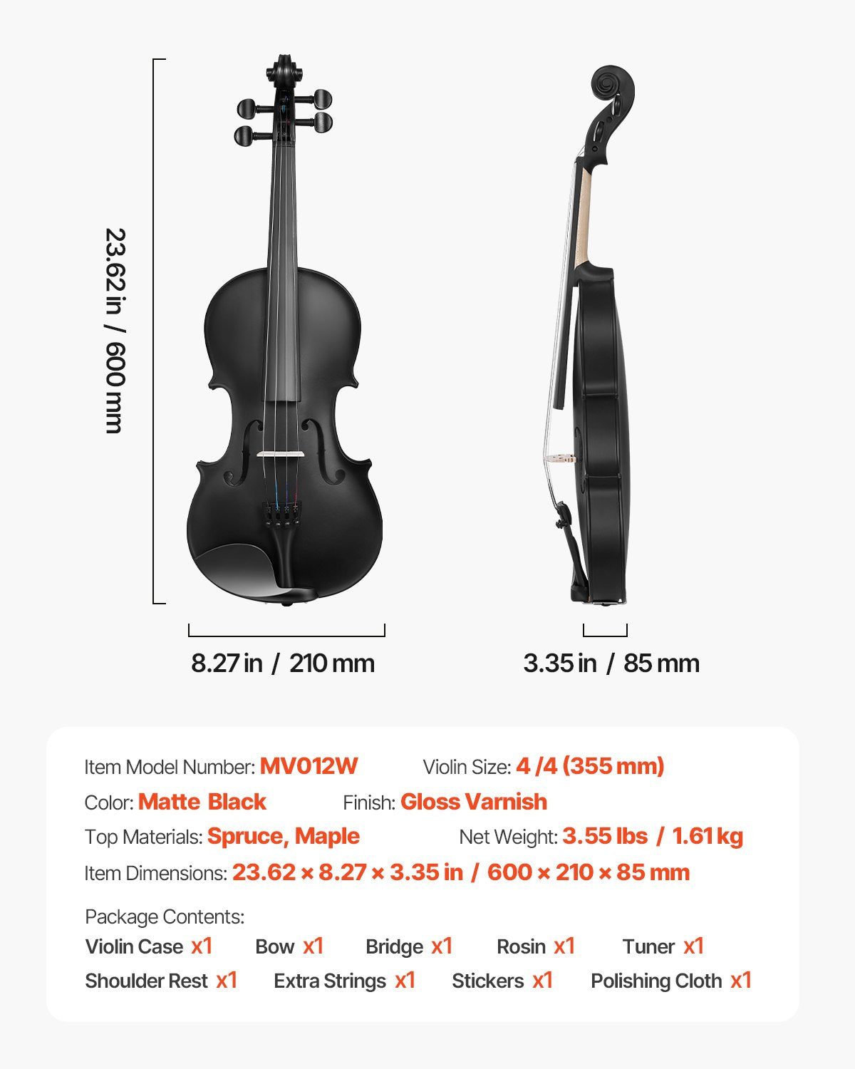 Complete 4/4 Full Size Violin Set for Adults & Beginners - Includes Hard Case, Bow, Rosin, Shoulder Rest, Tuner, Extra Strings - Professional Solidwood in Matte Black Finish