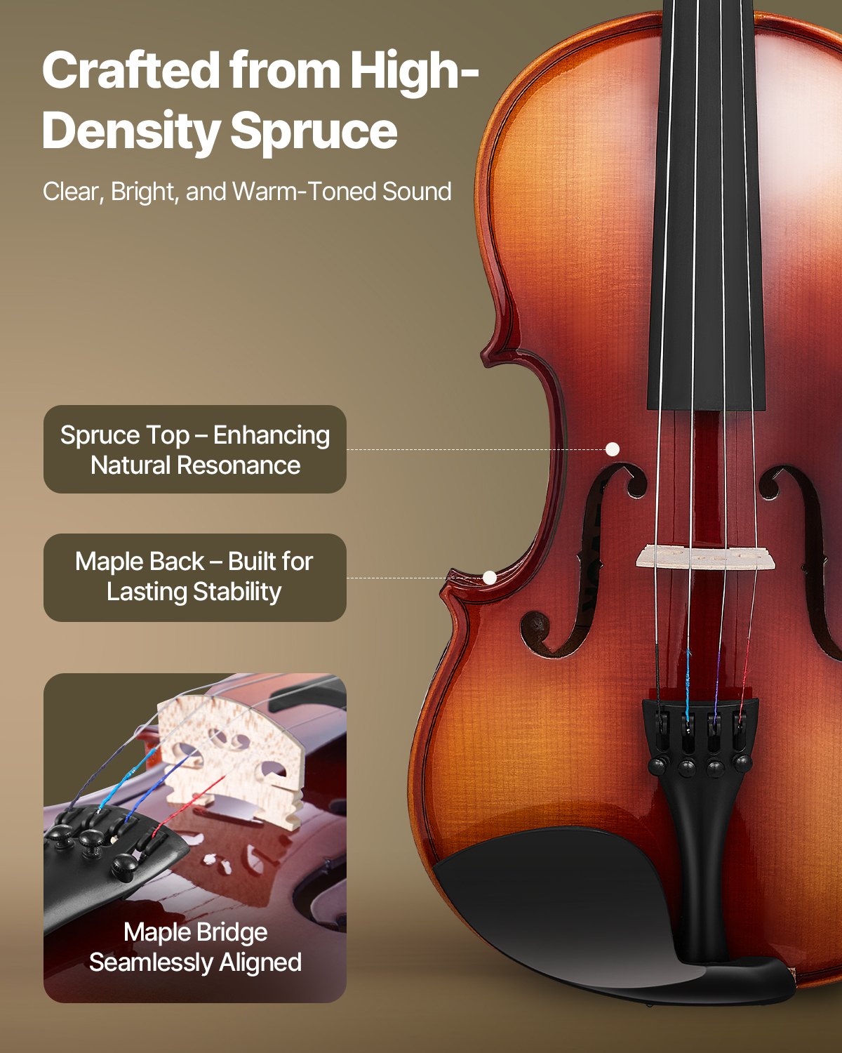 Glossy Brown 4/4 Full Size Violin for Adults with Case, Bow, Rosin, Shoulder Rest, Extra Strings, Professional Solidwood Fiddle Set for Beginners