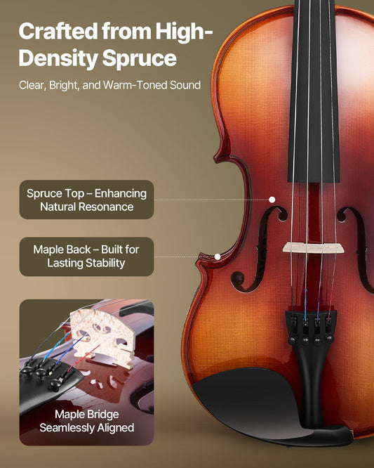 Glossy Brown 4/4 Full Size Violin for Adults with Case, Bow, Rosin, Shoulder Rest, Extra Strings, Professional Solidwood Fiddle Set for Beginners