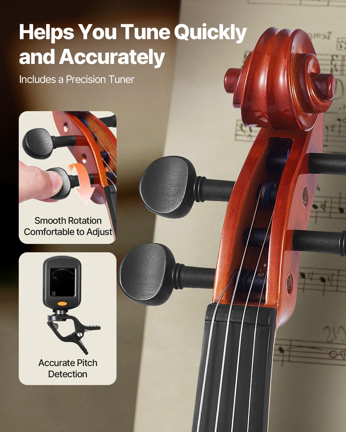 Glossy Brown 4/4 Full Size Violin for Adults with Case, Bow, Rosin, Shoulder Rest, Extra Strings, Professional Solidwood Fiddle Set for Beginners