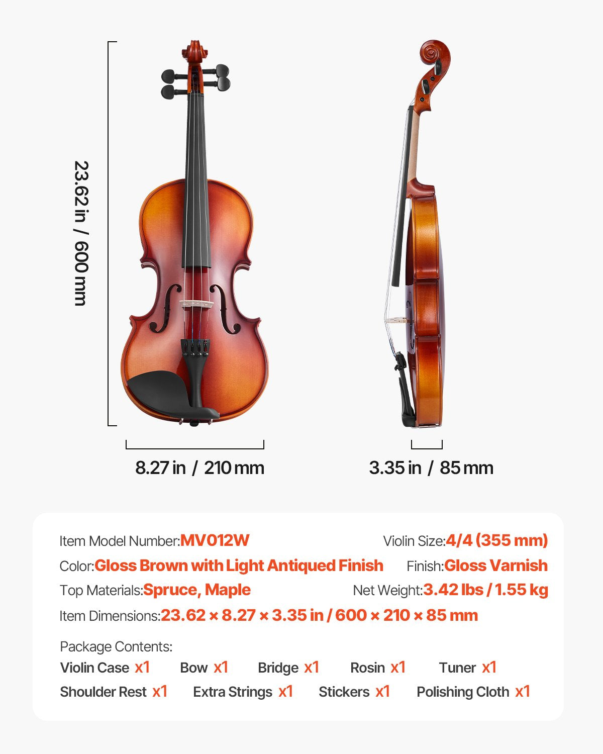 Glossy Brown 4/4 Full Size Violin for Adults with Case, Bow, Rosin, Shoulder Rest, Extra Strings, Professional Solidwood Fiddle Set for Beginners
