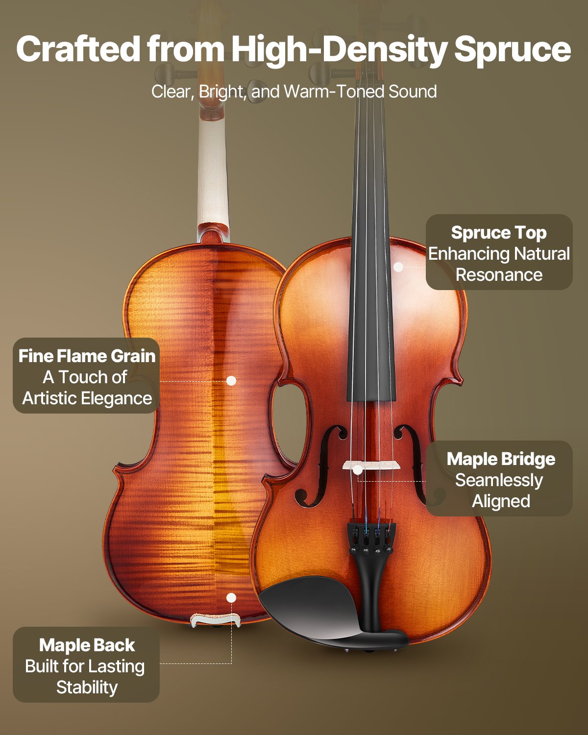 Full Size 4/4 Violin for Adults & Beginners - Complete Set with Glossy Brown Finish, Spruce Top, Maple Back, Case, Bow, and Accessories