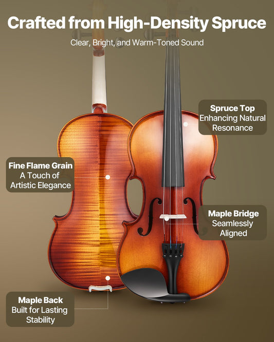 Full Size 4/4 Violin for Adults & Beginners - Complete Set with Glossy Brown Finish, Spruce Top, Maple Back, Case, Bow, and Accessories