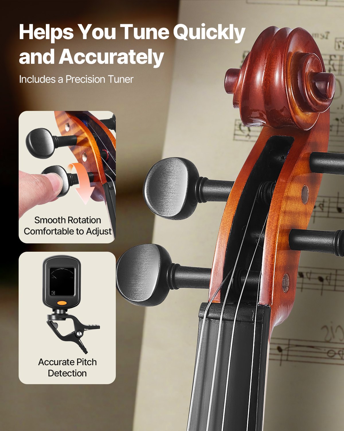 Full Size 4/4 Violin for Adults & Beginners - Complete Set with Glossy Brown Finish, Spruce Top, Maple Back, Case, Bow, and Accessories
