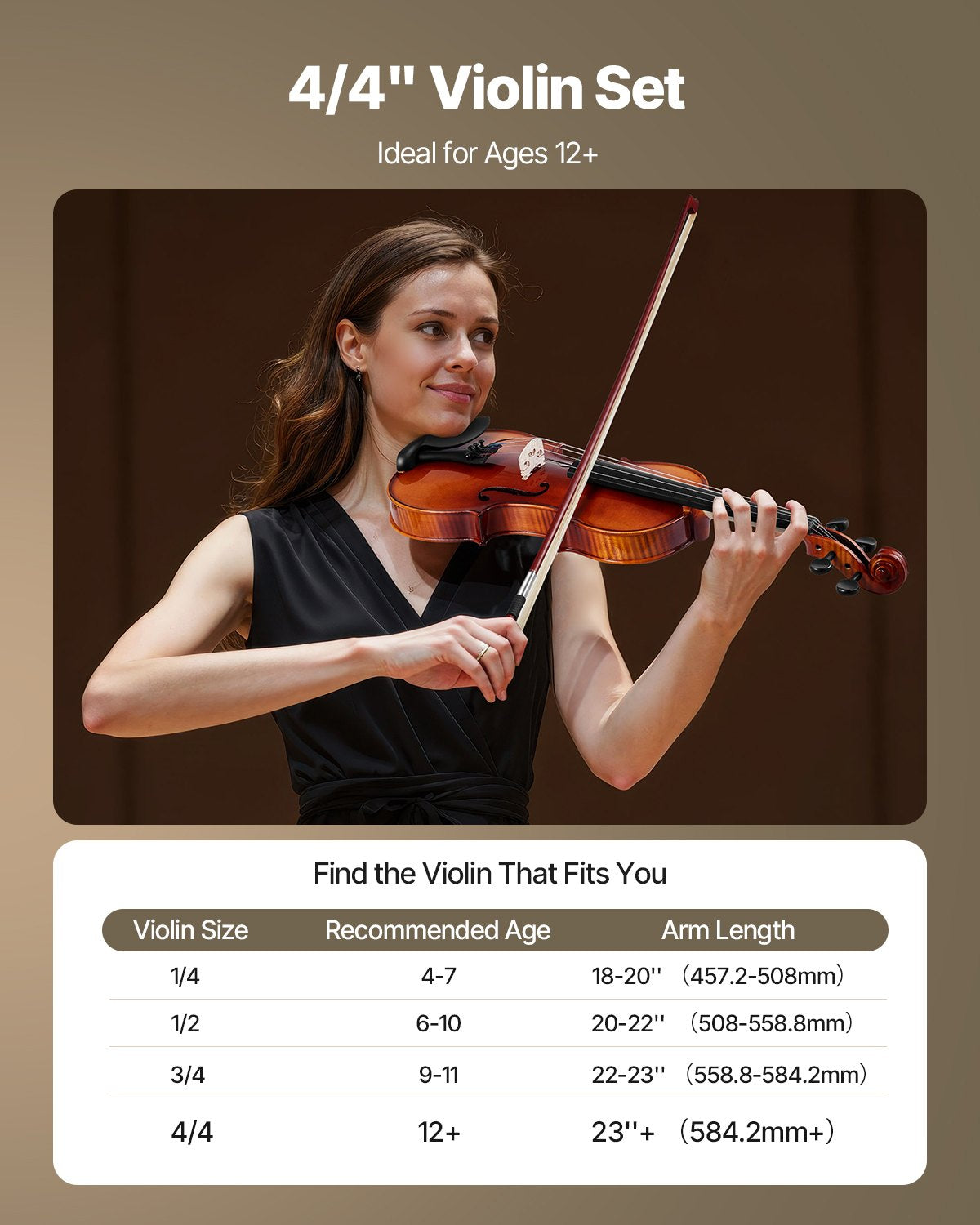 Full Size 4/4 Violin for Adults & Beginners - Complete Set with Glossy Brown Finish, Spruce Top, Maple Back, Case, Bow, and Accessories