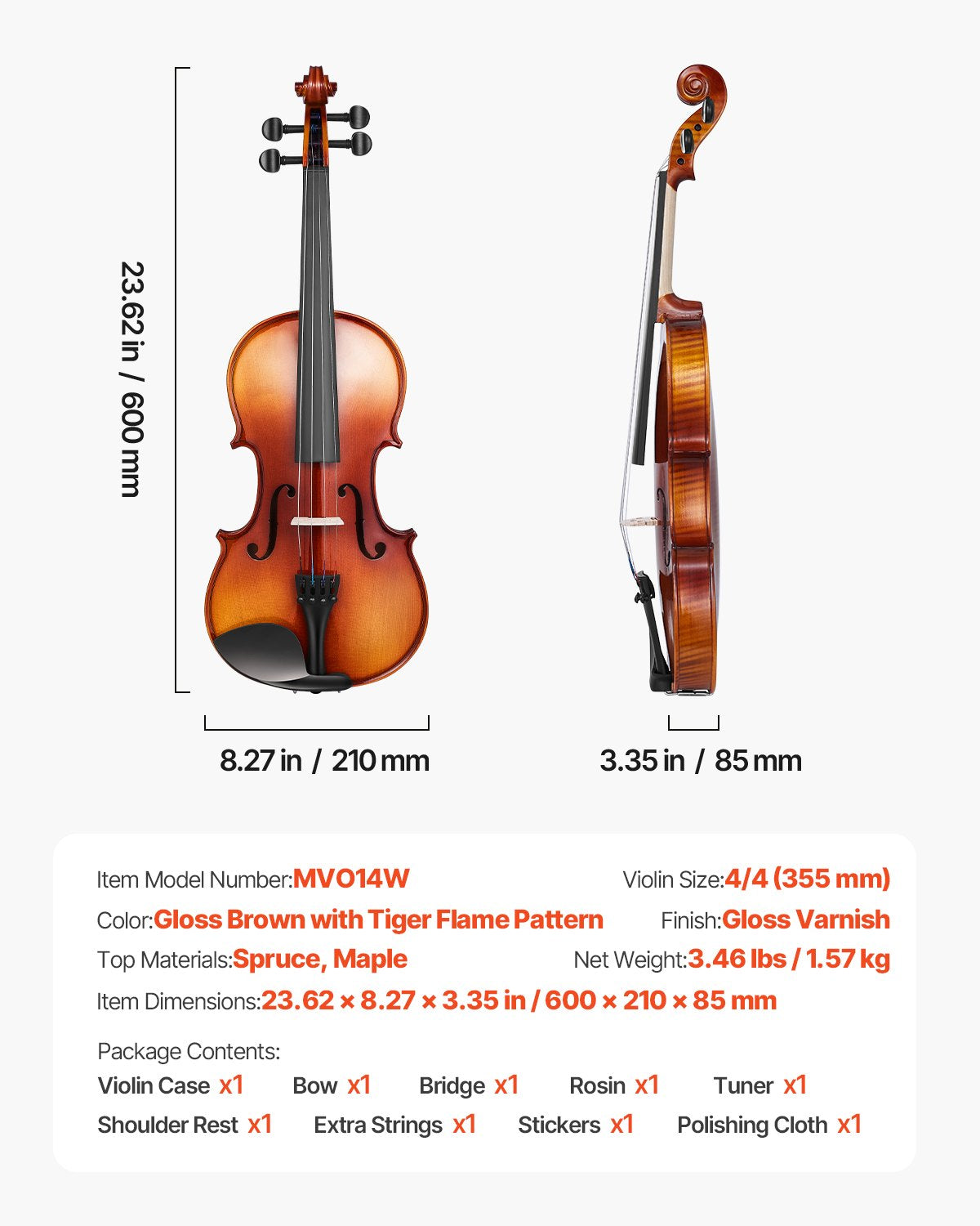 Full Size 4/4 Violin for Adults & Beginners - Complete Set with Glossy Brown Finish, Spruce Top, Maple Back, Case, Bow, and Accessories