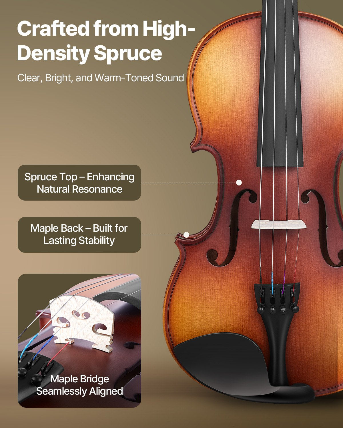 Full Size 4/4 Violin for Adults & Beginners - Complete Matte Brown Fiddle Set with Case, Bow, Rosin, Shoulder Rest & Extra Strings