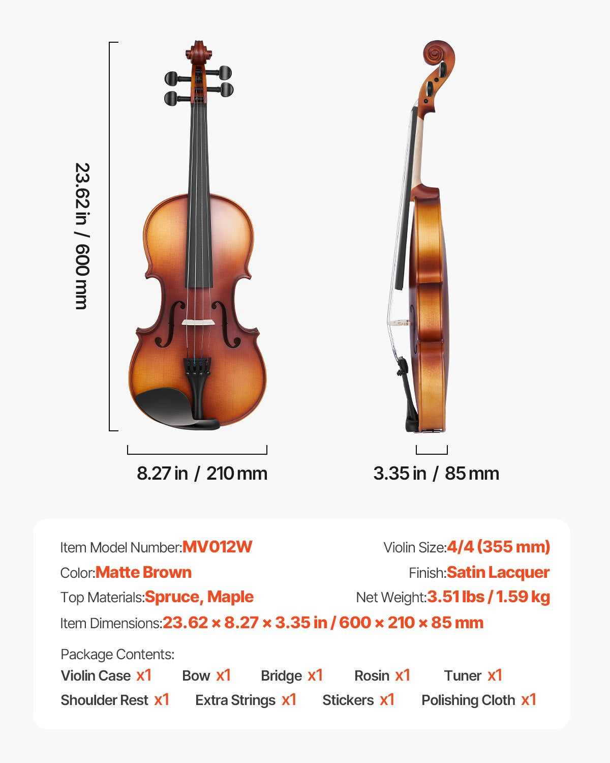 Full Size 4/4 Violin for Adults & Beginners - Complete Matte Brown Fiddle Set with Case, Bow, Rosin, Shoulder Rest & Extra Strings