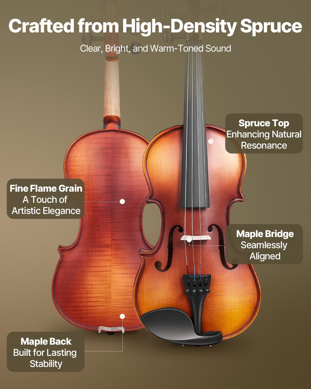 Full Size 4/4 Violin Set for Adults & Beginners with Case, Bow, Rosin, Shoulder Rest, Extra Strings, Matte Brown Solidwood Instrument
