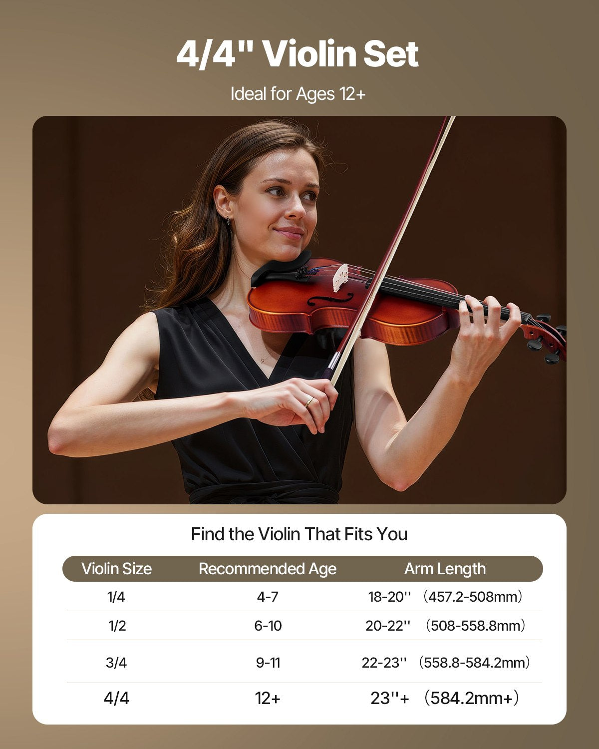 Full Size 4/4 Violin Set for Adults & Beginners with Case, Bow, Rosin, Shoulder Rest, Extra Strings, Matte Brown Solidwood Instrument