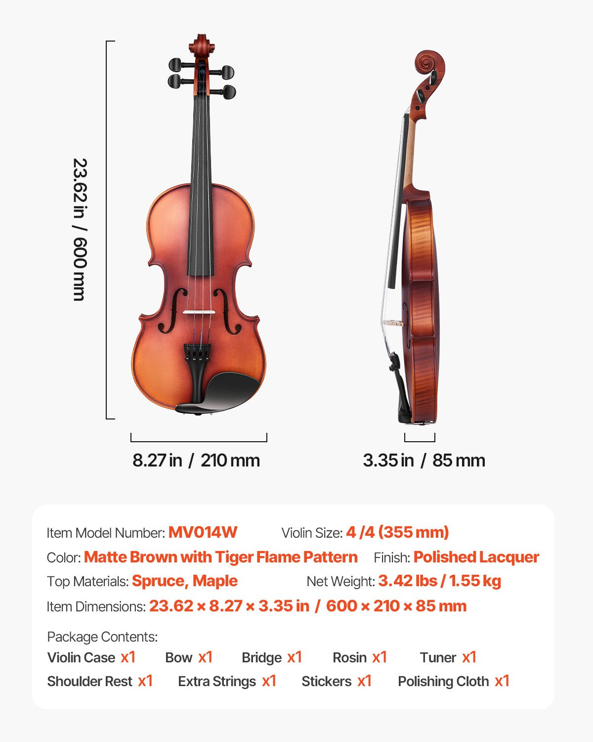 Full Size 4/4 Violin Set for Adults & Beginners with Case, Bow, Rosin, Shoulder Rest, Extra Strings, Matte Brown Solidwood Instrument