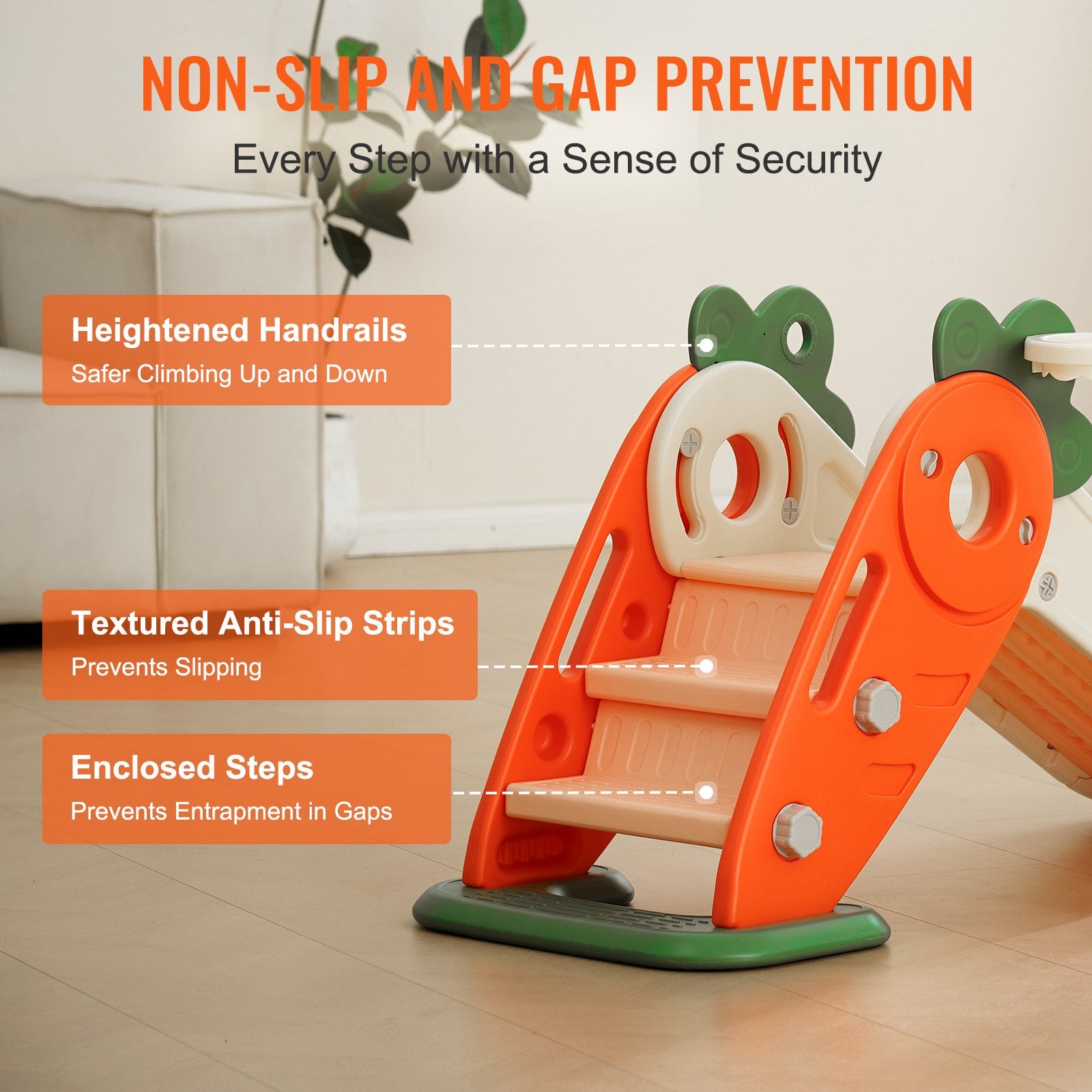 Durable Toddler Slide Playset - Indoor Outdoor Fun with Climbable Ladders, Basketball Hoop, Safety Features & Anti-Slip Design for Ages 1-12, Beige