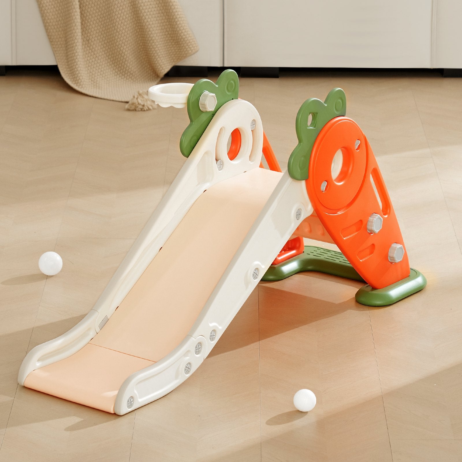 Durable Toddler Slide Playset - Indoor Outdoor Fun with Climbable Ladders, Basketball Hoop, Safety Features & Anti-Slip Design for Ages 1-12, Beige