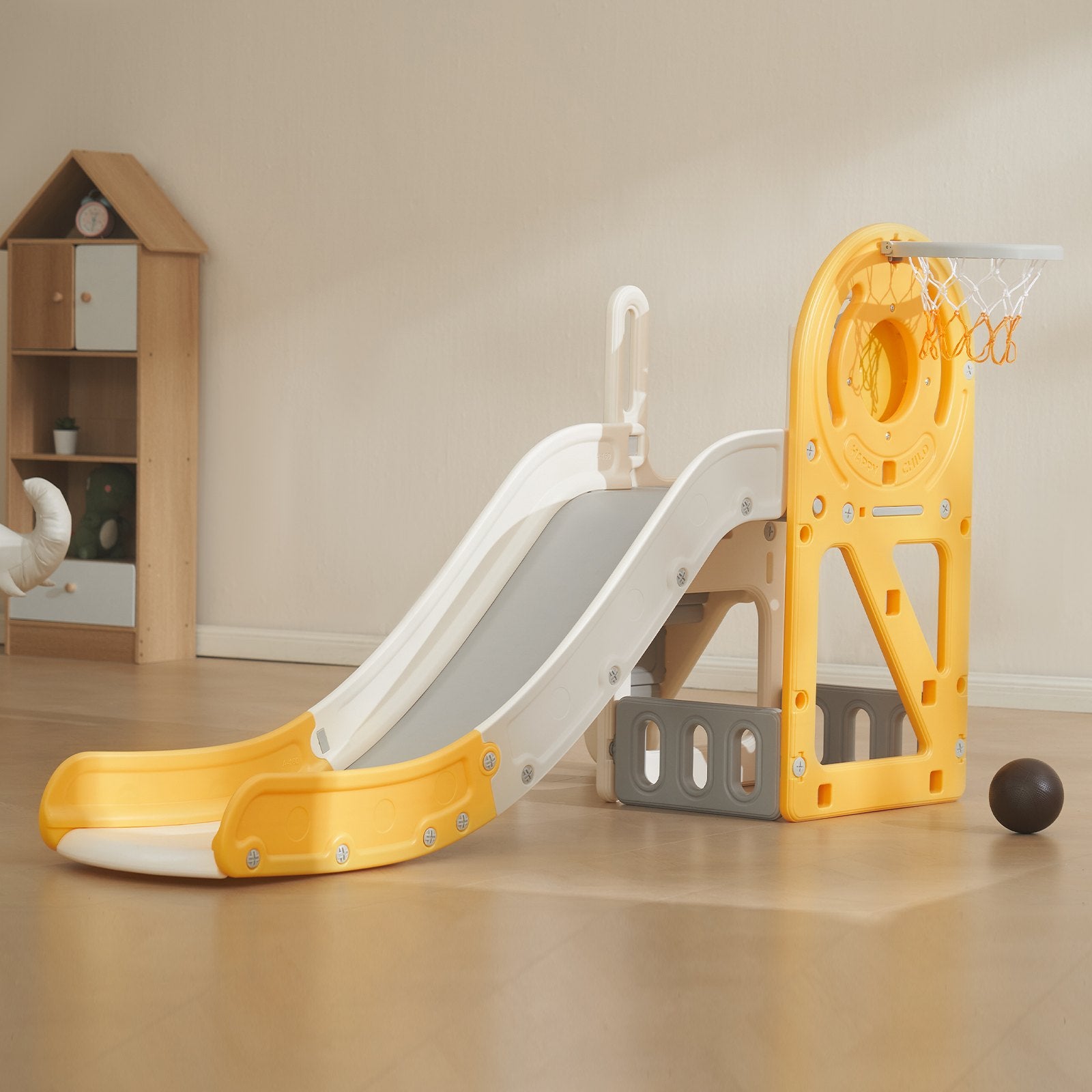 Fun Toddler Slide with Climbable Ladders & Basketball Hoop, Indoor Outdoor Playset for Kids 1-12, Safe HDPE Material, 110lbs Capacity