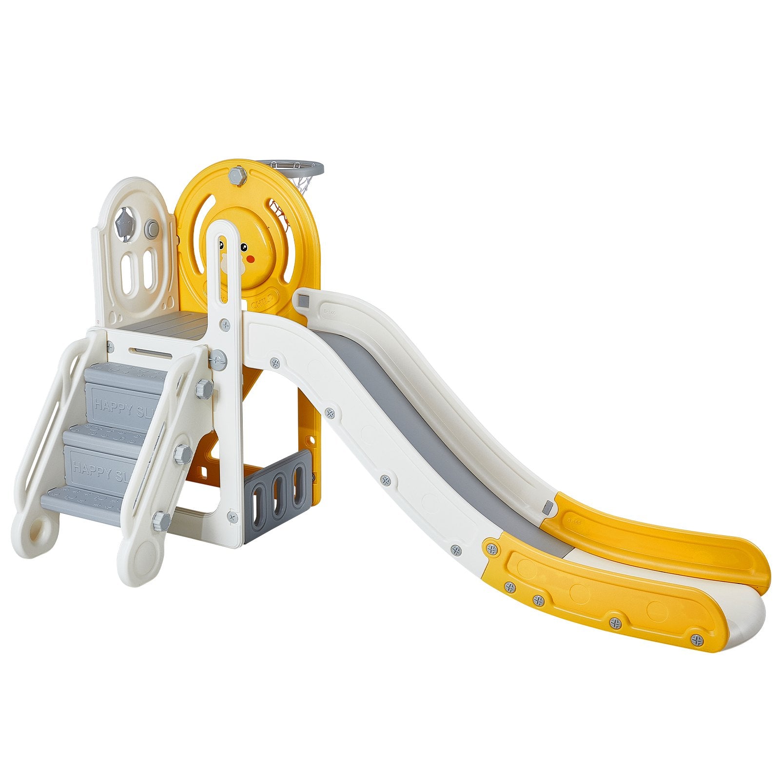 Fun Toddler Slide with Climbable Ladders & Basketball Hoop, Indoor Outdoor Playset for Kids 1-12, Safe HDPE Material, 110lbs Capacity