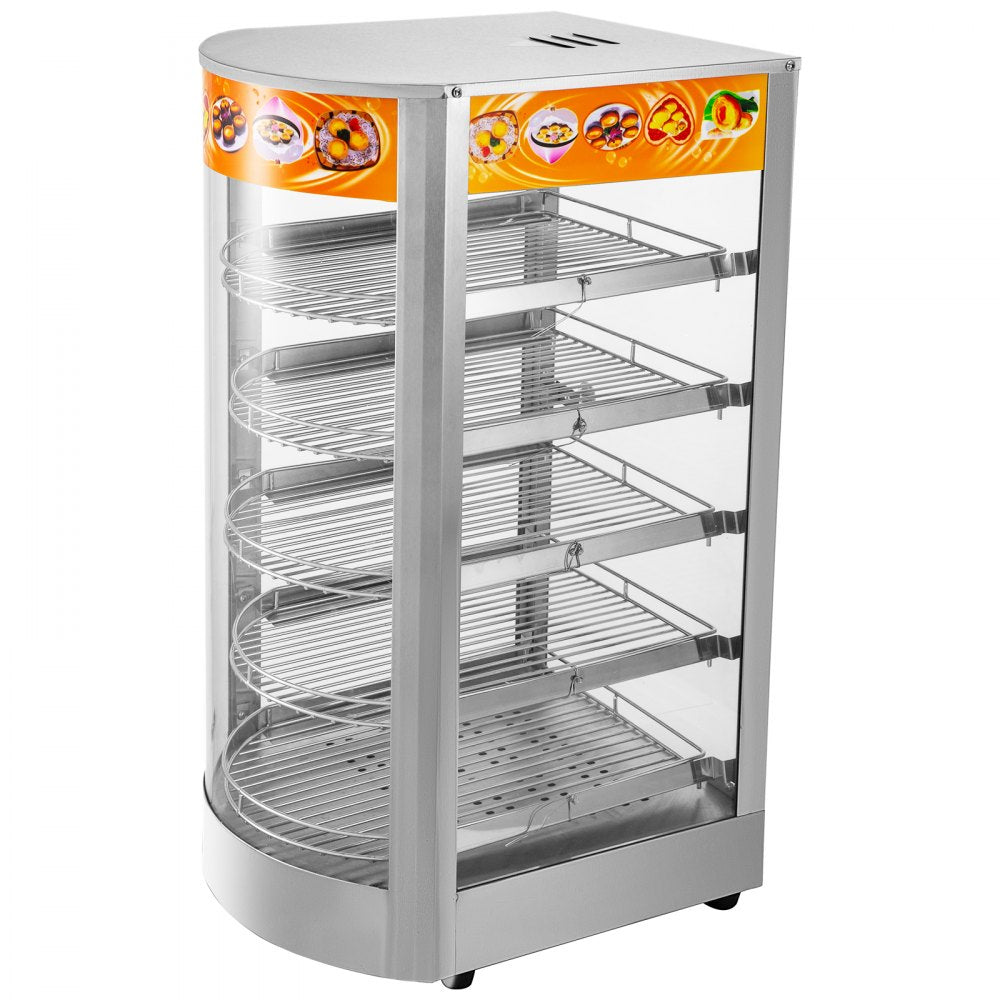 VEVOR 110V 14.2-Inch Commercial Food Warmer Display, 5-Tier 800W Electric Pizza Warmer Display 86-185℉, Tempered-Glass Door Pastry Display Case, Restaurant Heated Cabinet, with 1 Trays & 1 Bread Tong