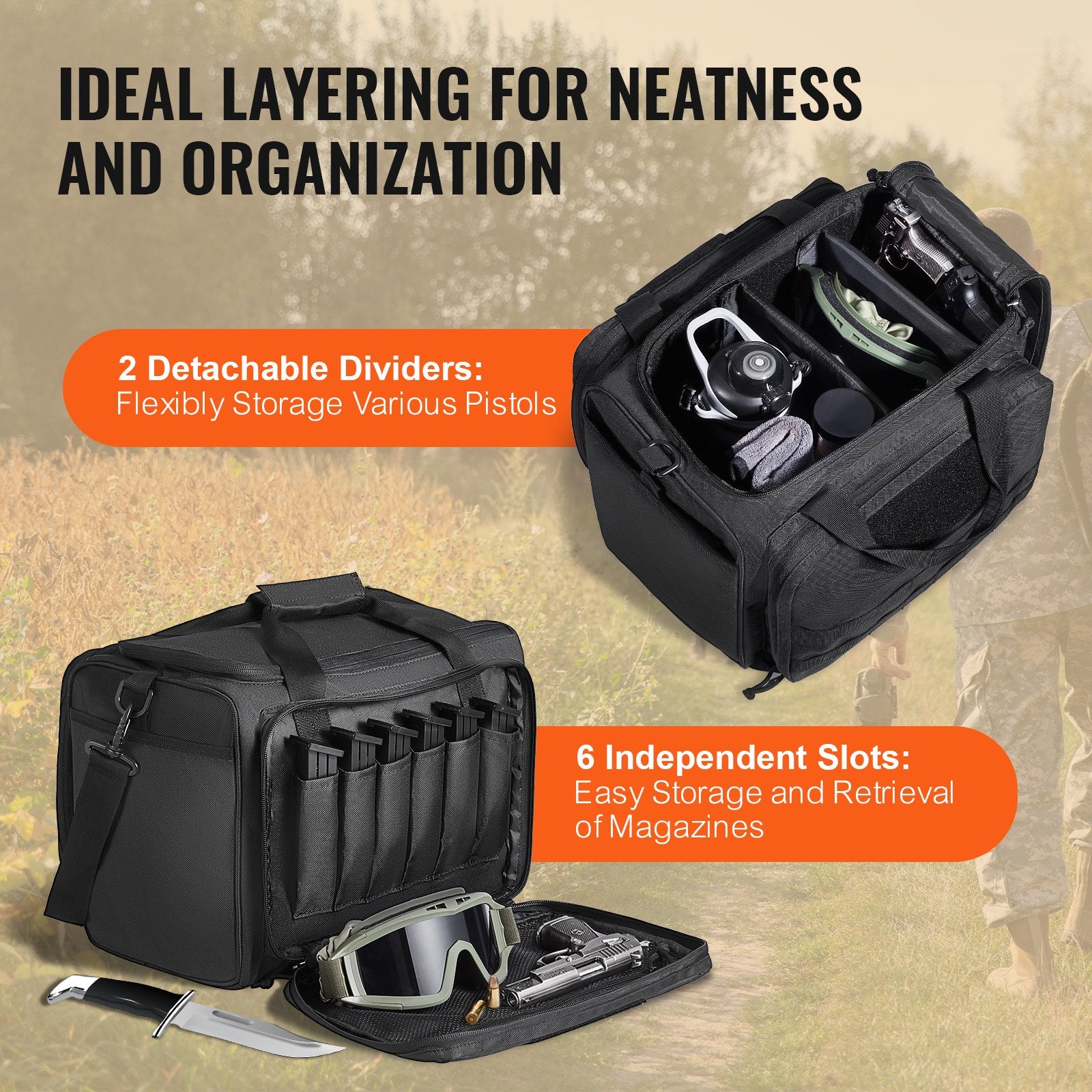 Tactical Range Bag for 3 Pistols with Detachable Baffles, 6 Magazine Slots, Single Shoulder Strap, Outdoor Shooting and Hunting Gear