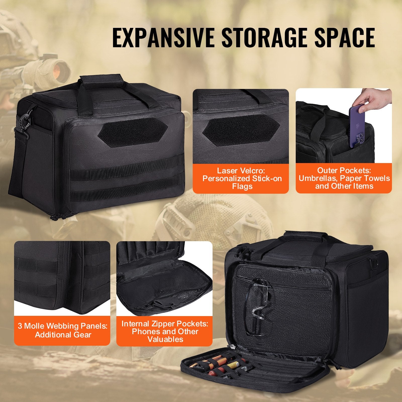 Tactical Range Bag for 3 Pistols with Detachable Baffles, 6 Magazine Slots, Single Shoulder Strap, Outdoor Shooting and Hunting Gear