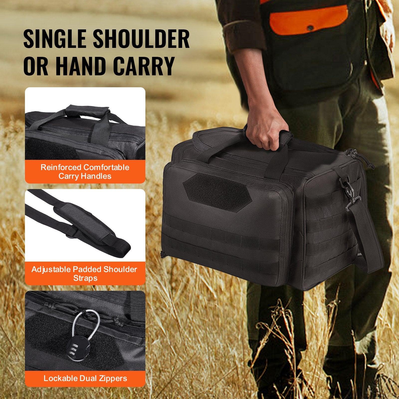 Tactical Range Bag for 3 Pistols with Detachable Baffles, 6 Magazine Slots, Single Shoulder Strap, Outdoor Shooting and Hunting Gear