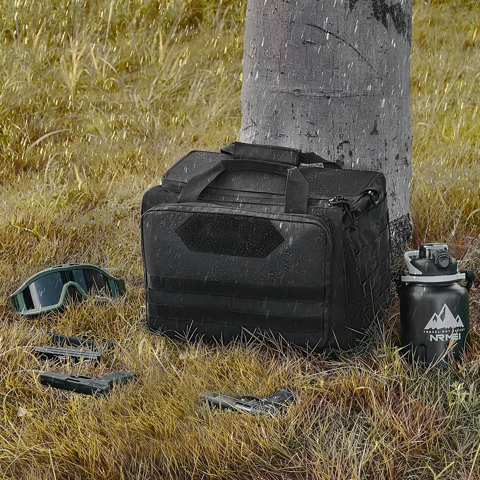 Tactical Range Bag for 3 Pistols with Detachable Baffles, 6 Magazine Slots, Single Shoulder Strap, Outdoor Shooting and Hunting Gear