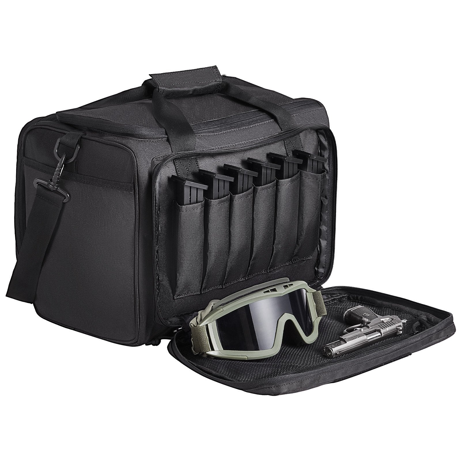 Tactical Range Bag for 3 Pistols with Detachable Baffles, 6 Magazine Slots, Single Shoulder Strap, Outdoor Shooting and Hunting Gear