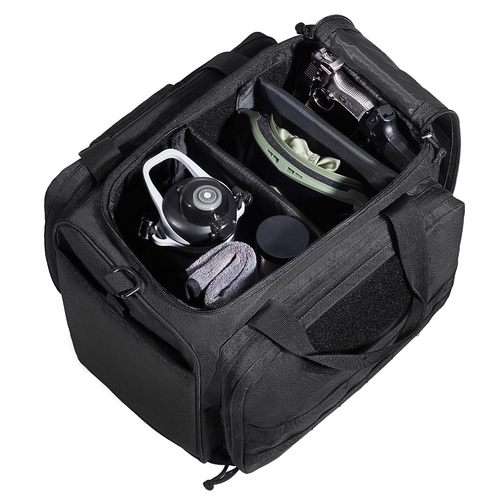Tactical Range Bag for 3 Pistols with Detachable Baffles, 6 Magazine Slots, Single Shoulder Strap, Outdoor Shooting and Hunting Gear