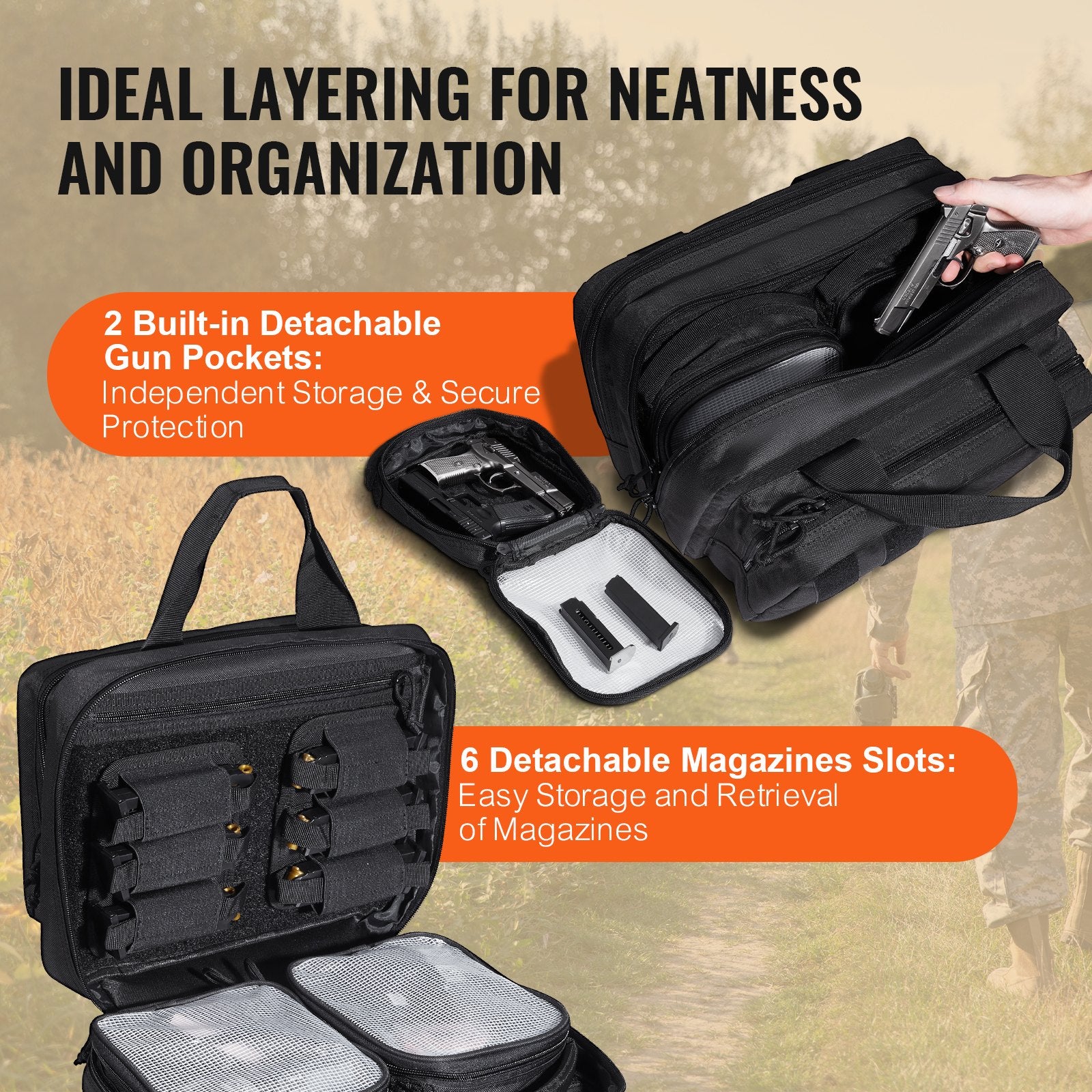 Tactical Range Bag for 2 Pistols with Removable Pistol Bags, Detachable Magazines, Lockable Handgun Case for Hunting & Shooting