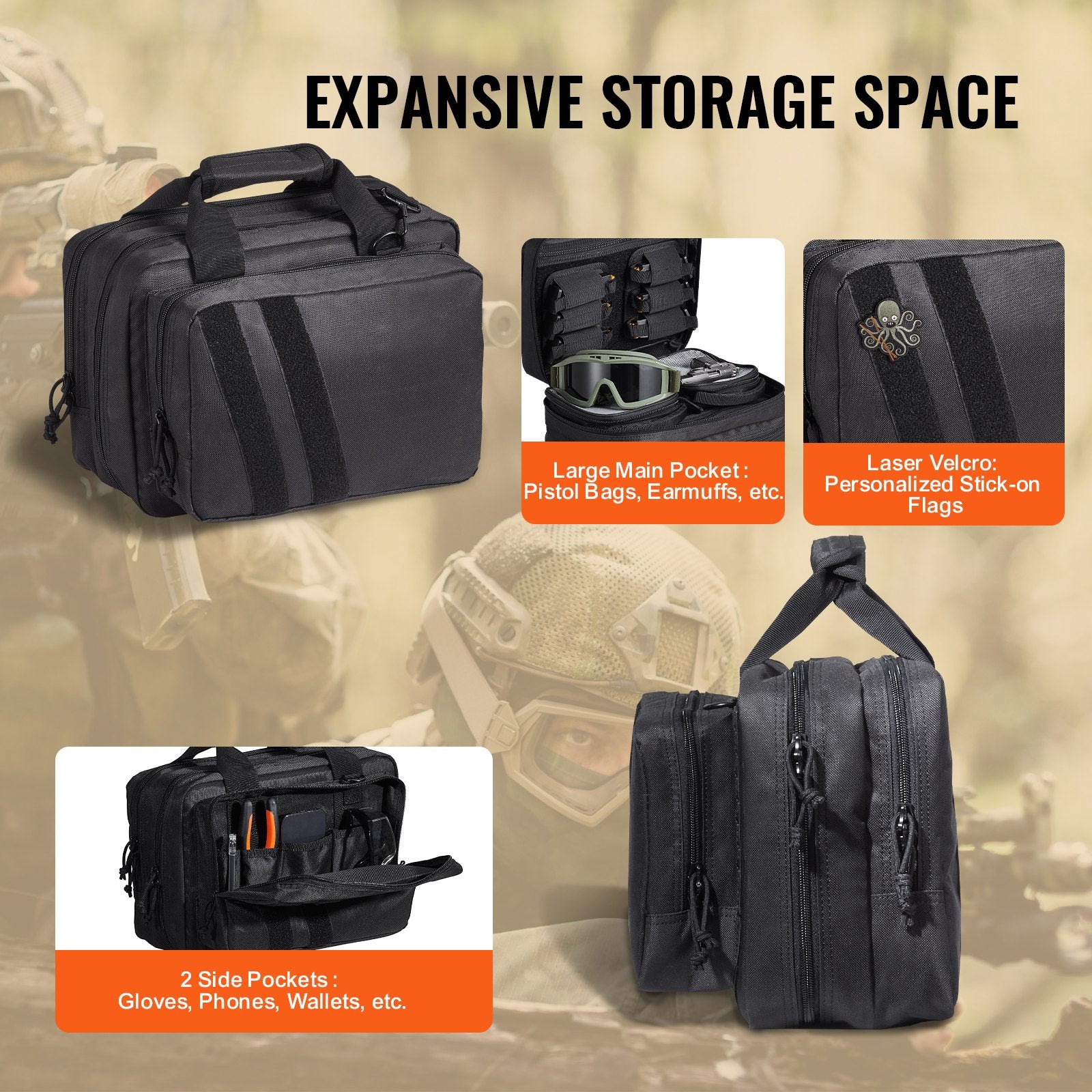Tactical Range Bag for 2 Pistols with Removable Pistol Bags, Detachable Magazines, Lockable Handgun Case for Hunting & Shooting