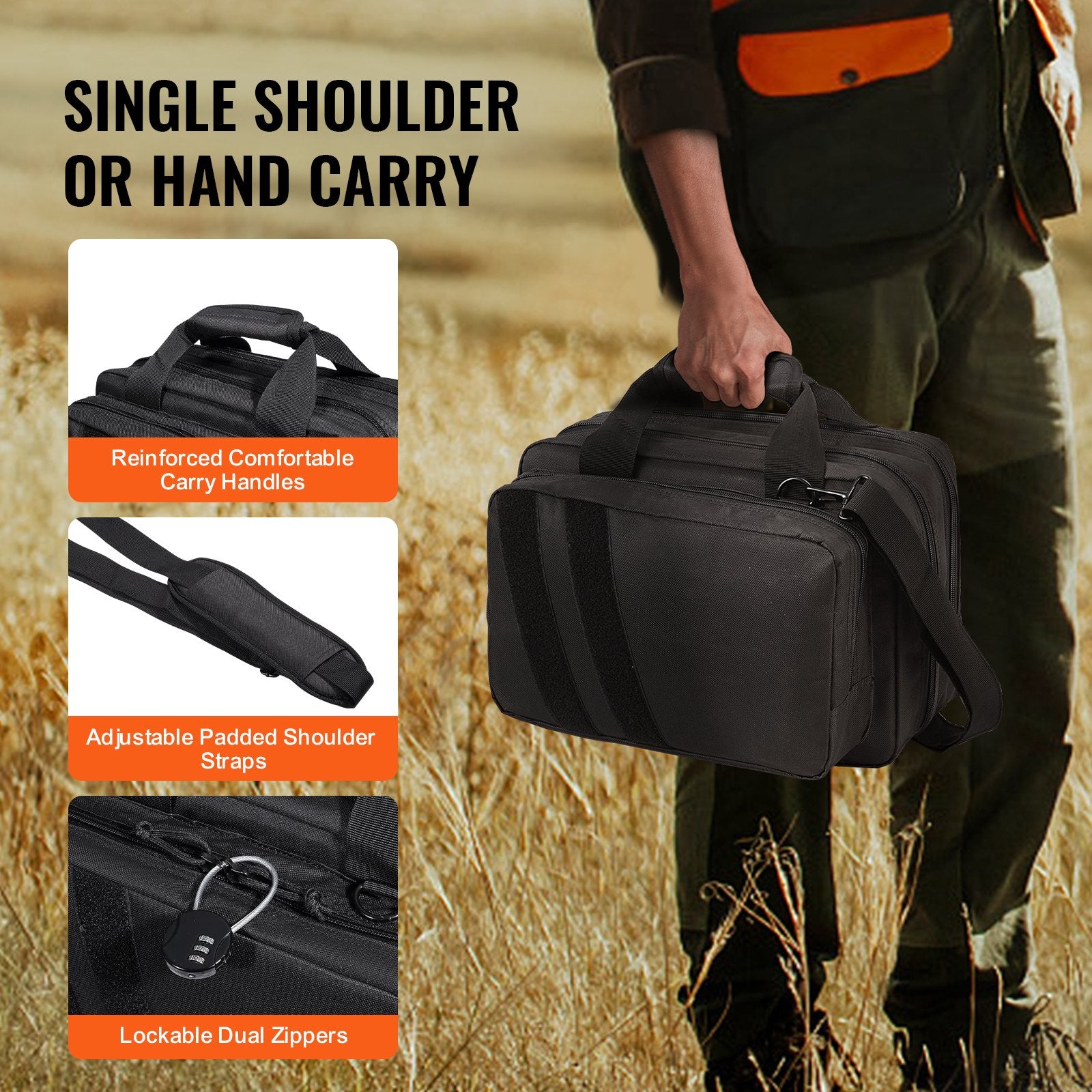Tactical Range Bag for 2 Pistols with Removable Pistol Bags, Detachable Magazines, Lockable Handgun Case for Hunting & Shooting