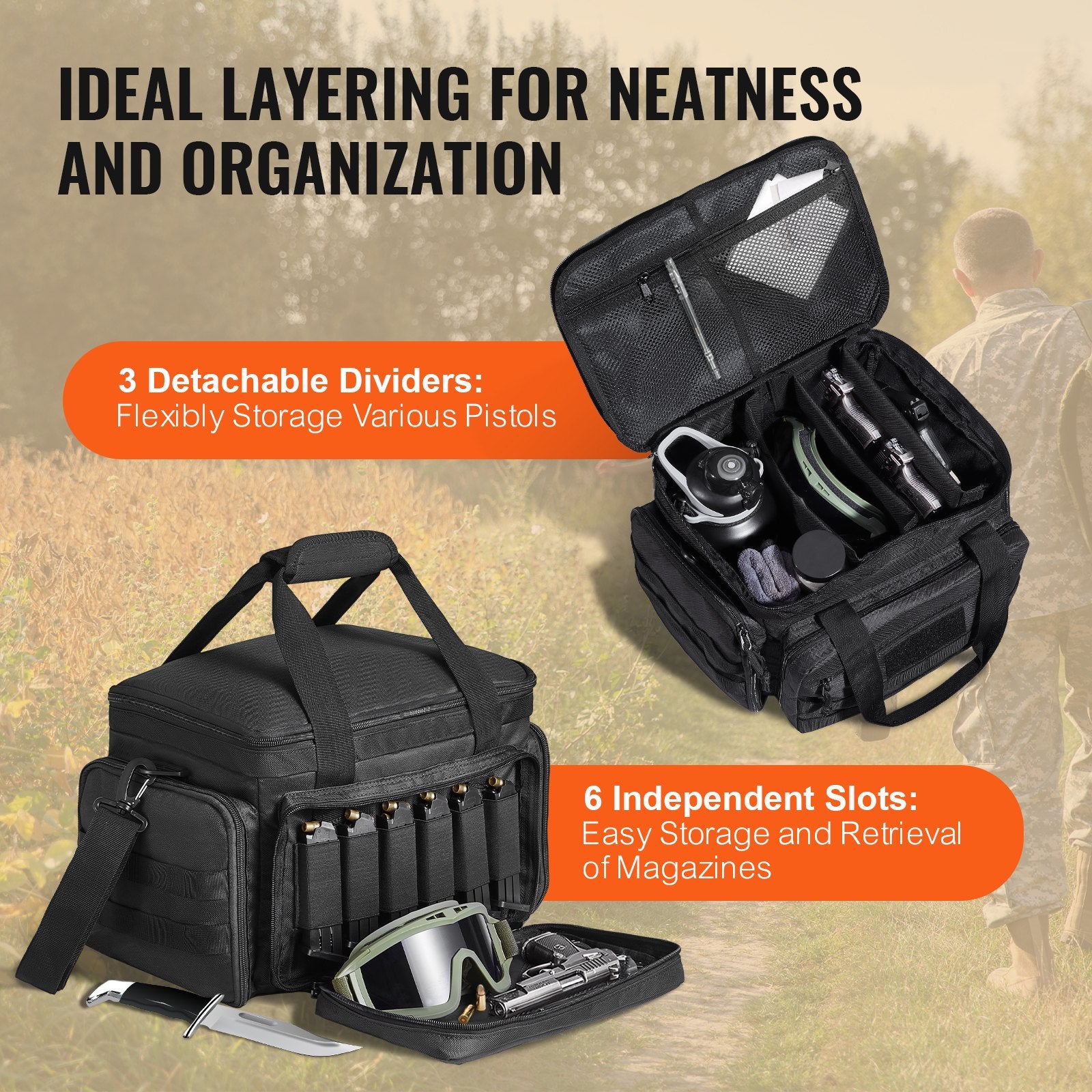 Tactical Black Range Bag for 4 Pistols with Detachable Baffles, 6 Magazines, and Single Shoulder Strap for Outdoor Shooting and Hunting