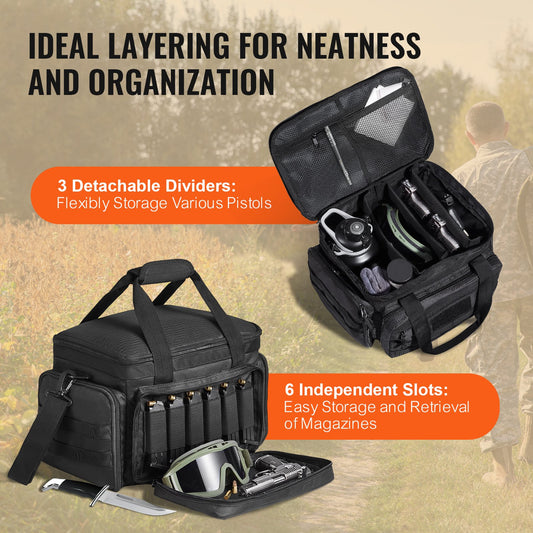 Tactical Black Range Bag for 4 Pistols with Detachable Baffles, 6 Magazines, and Single Shoulder Strap for Outdoor Shooting and Hunting