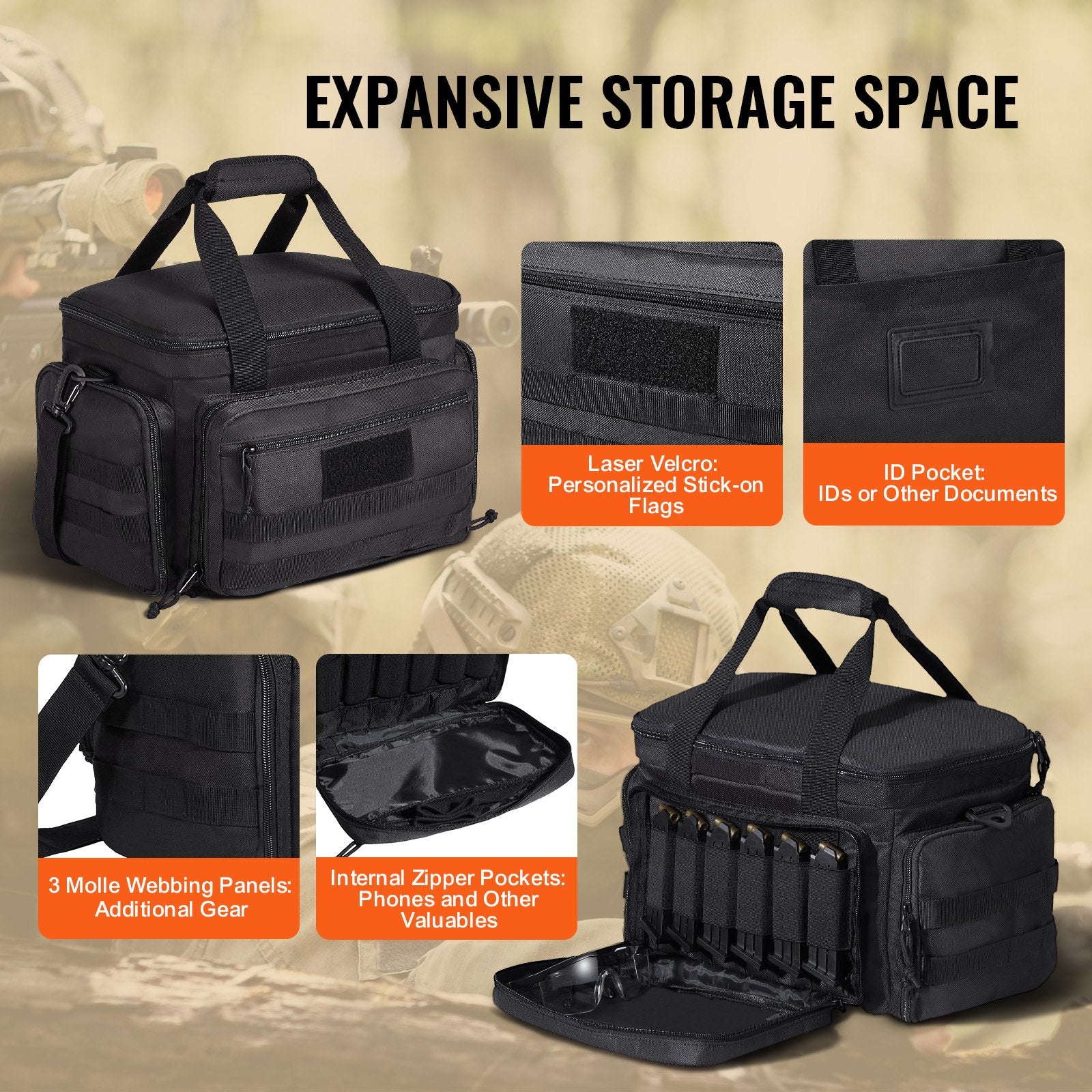 Tactical Black Range Bag for 4 Pistols with Detachable Baffles, 6 Magazines, and Single Shoulder Strap for Outdoor Shooting and Hunting