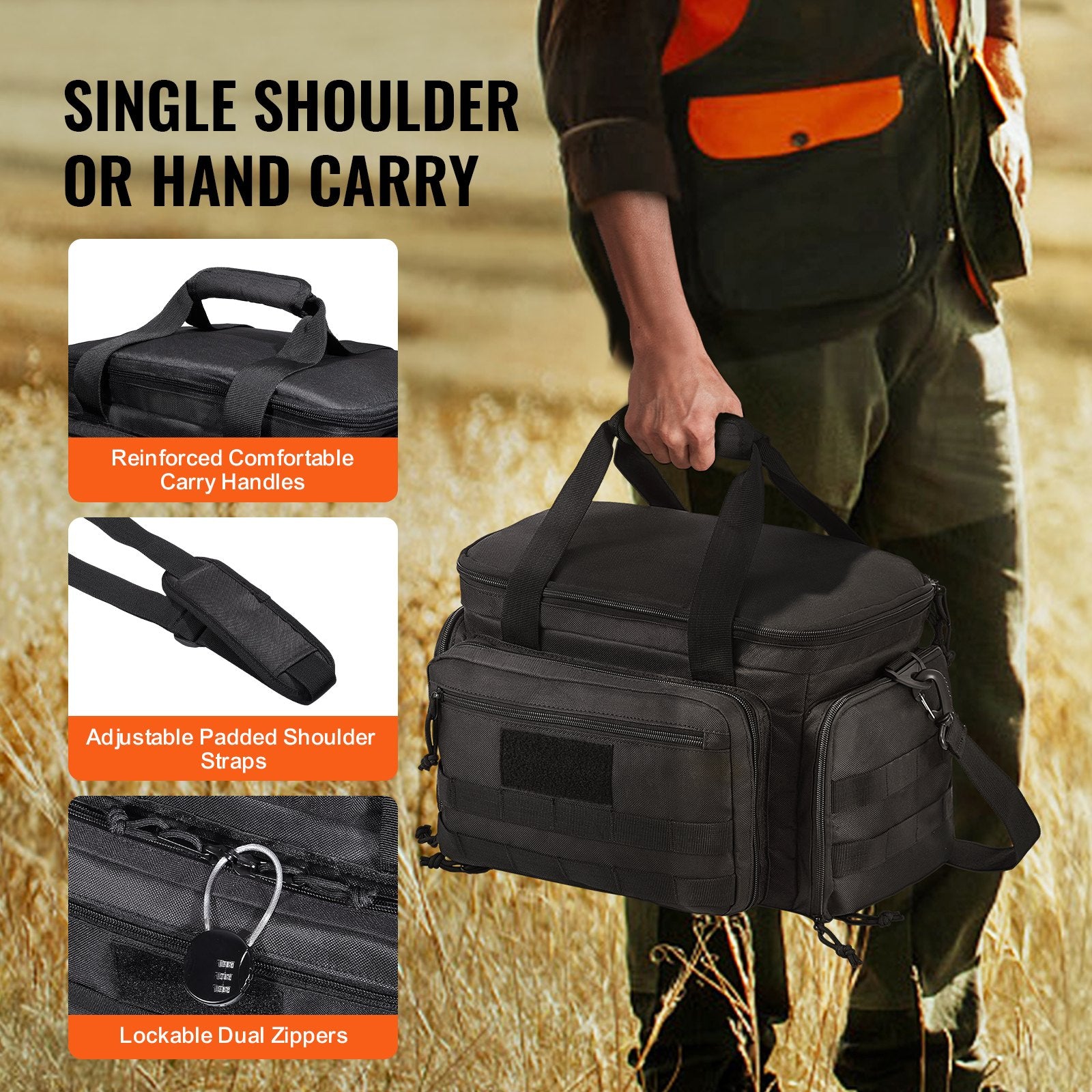 Tactical Black Range Bag for 4 Pistols with Detachable Baffles, 6 Magazines, and Single Shoulder Strap for Outdoor Shooting and Hunting