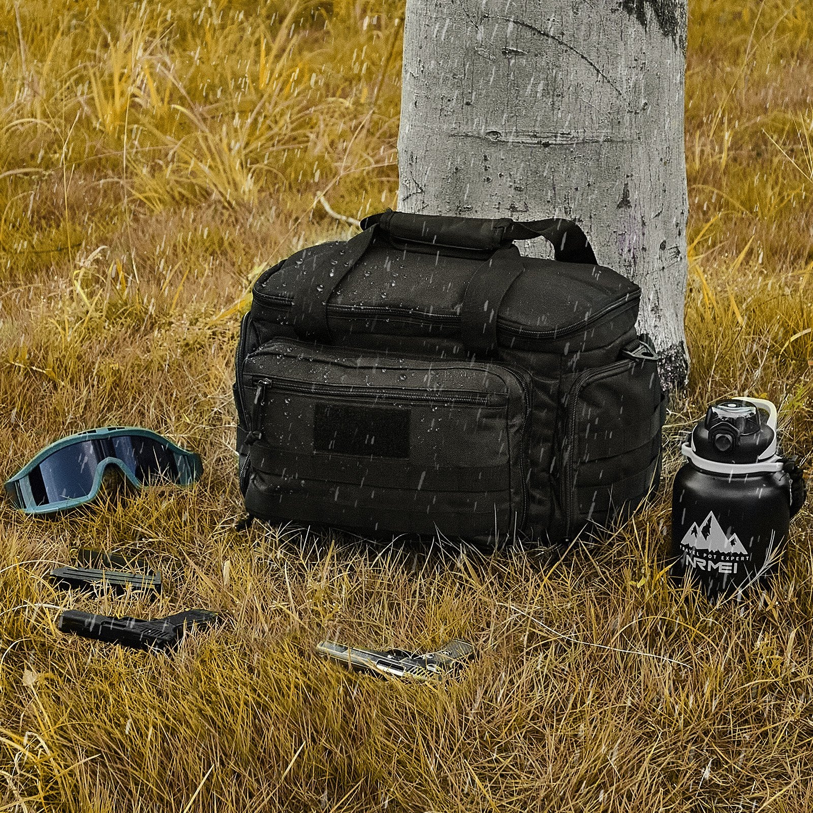 Tactical Black Range Bag for 4 Pistols with Detachable Baffles, 6 Magazines, and Single Shoulder Strap for Outdoor Shooting and Hunting