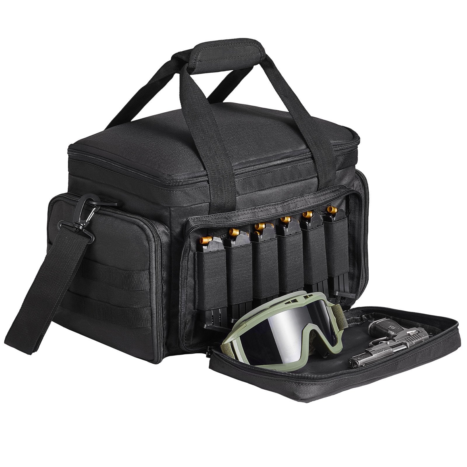 Tactical Black Range Bag for 4 Pistols with Detachable Baffles, 6 Magazines, and Single Shoulder Strap for Outdoor Shooting and Hunting