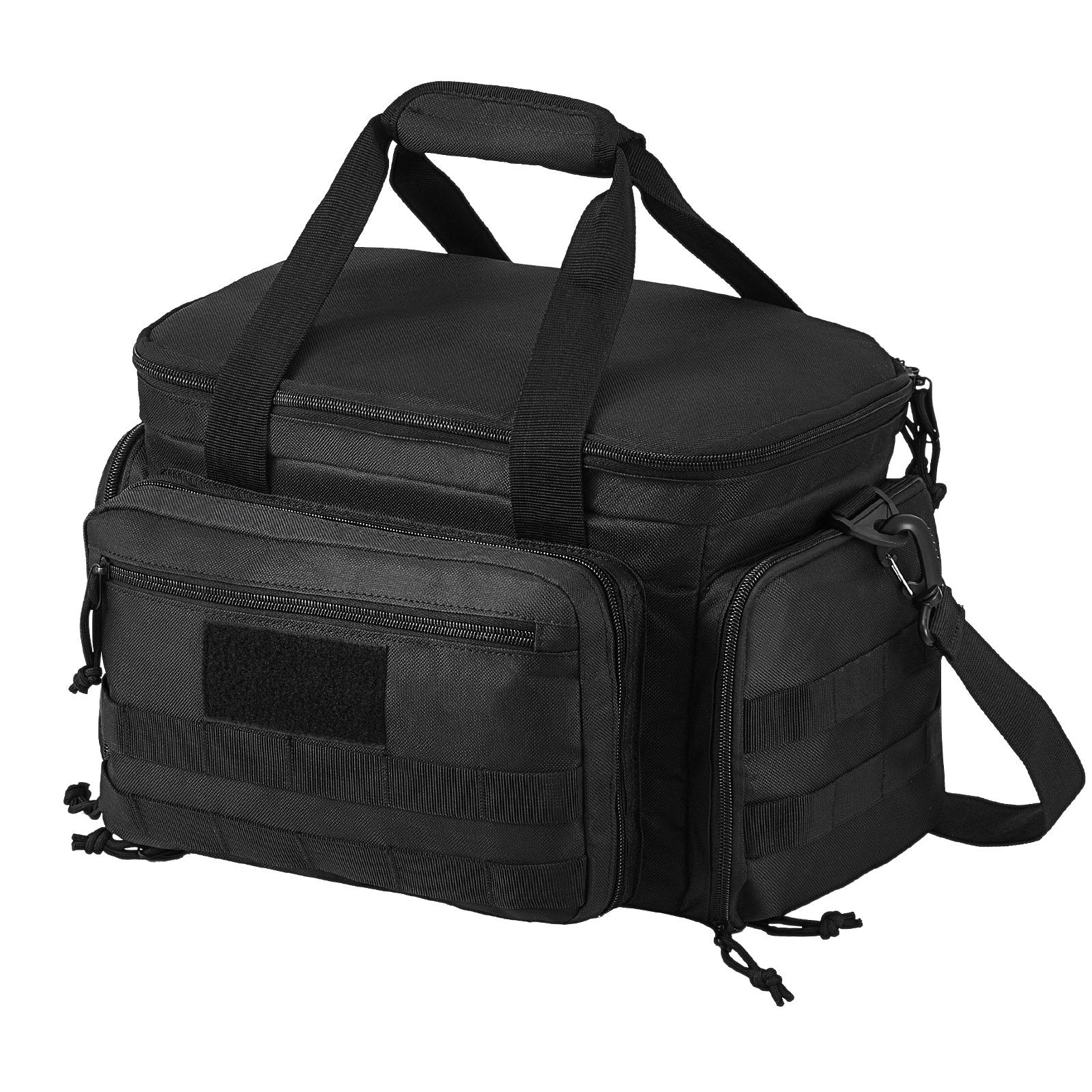 Tactical Black Range Bag for 4 Pistols with Detachable Baffles, 6 Magazines, and Single Shoulder Strap for Outdoor Shooting and Hunting