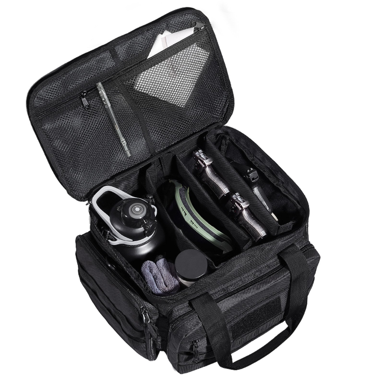 Tactical Black Range Bag for 4 Pistols with Detachable Baffles, 6 Magazines, and Single Shoulder Strap for Outdoor Shooting and Hunting