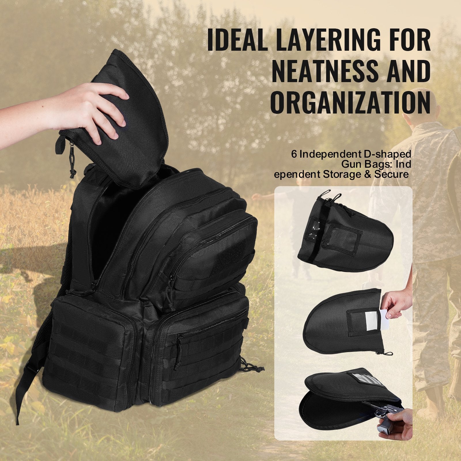 Tactical Gun Range Backpack for Outdoor Shooting - Securely Holds 6 Pistols & 10 Magazines, Lockable Zipper, Durable Black Design