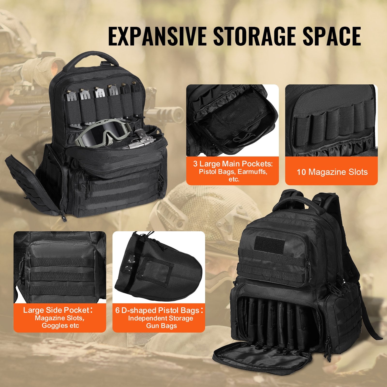 Tactical Gun Range Backpack for Outdoor Shooting - Securely Holds 6 Pistols & 10 Magazines, Lockable Zipper, Durable Black Design