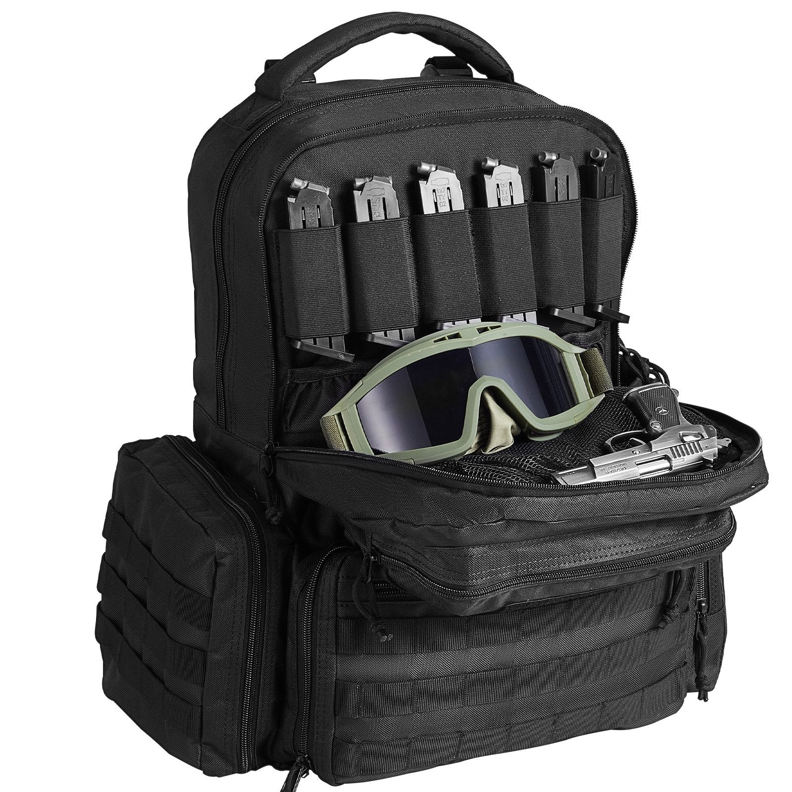 Tactical Gun Range Backpack for Outdoor Shooting - Securely Holds 6 Pistols & 10 Magazines, Lockable Zipper, Durable Black Design