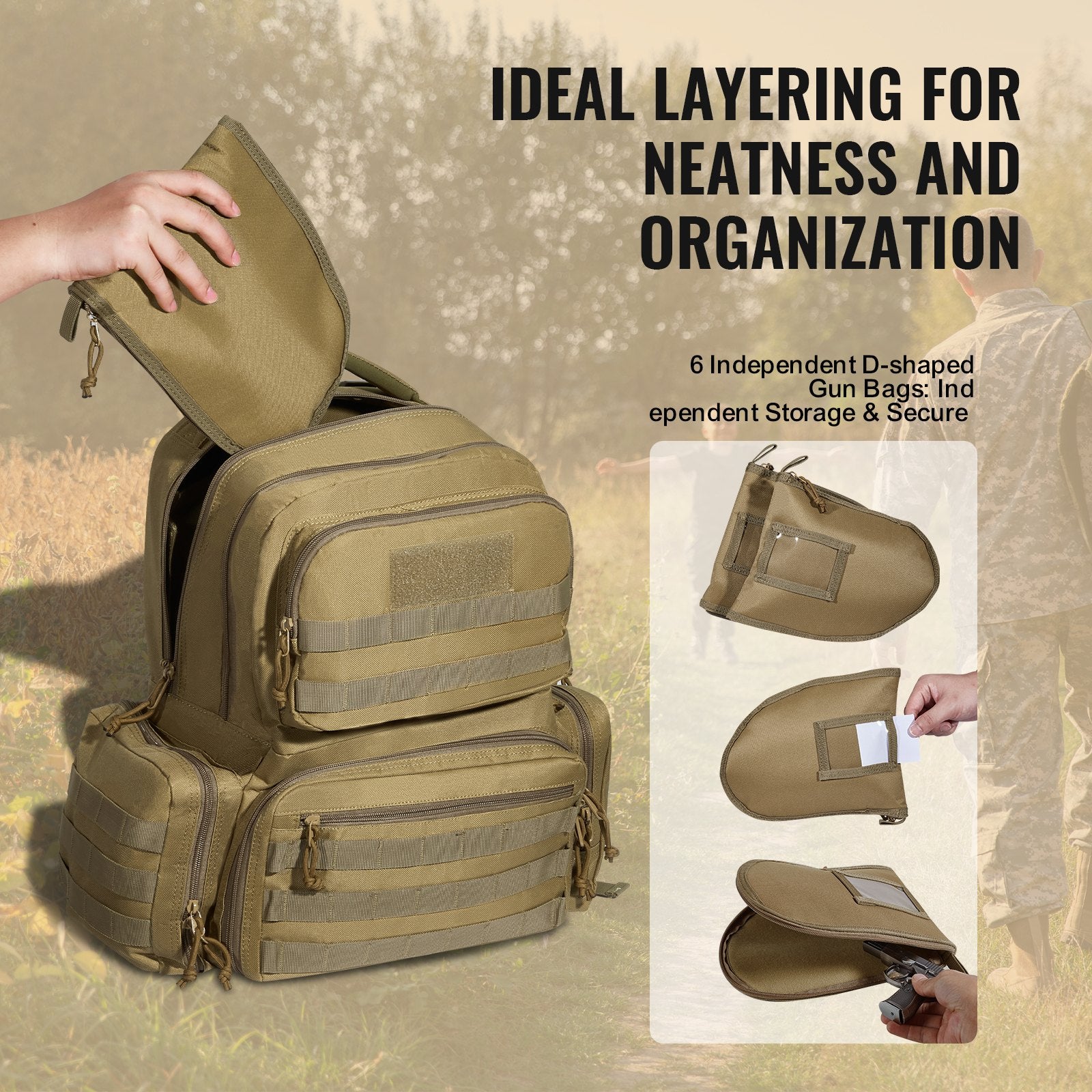 Versatile Tactical Range Backpack for 6 Pistols with Lockable Zipper and 10 Magazines, Ideal for Outdoor Hunting & Shooting, Durable Brown Design