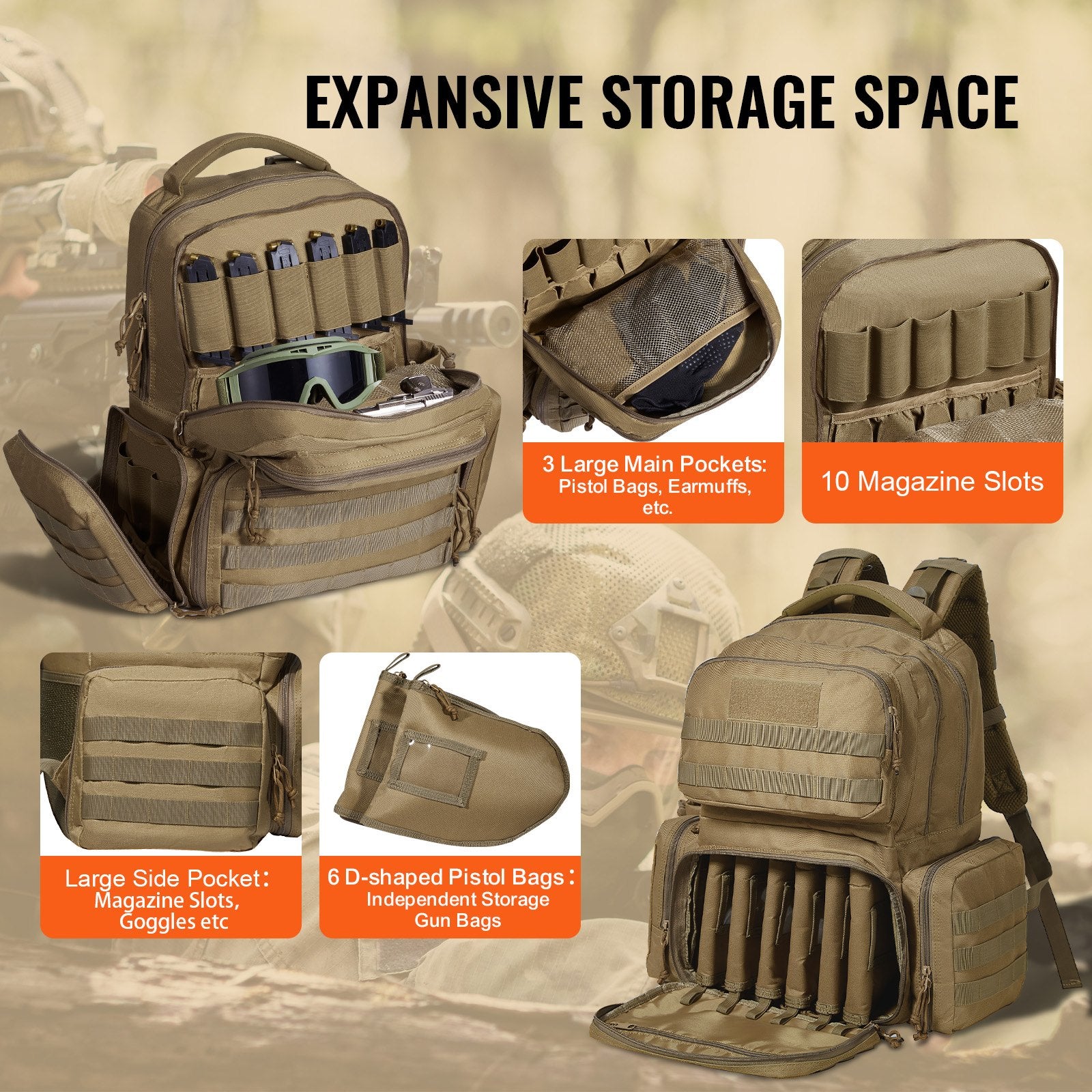 Versatile Tactical Range Backpack for 6 Pistols with Lockable Zipper and 10 Magazines, Ideal for Outdoor Hunting & Shooting, Durable Brown Design