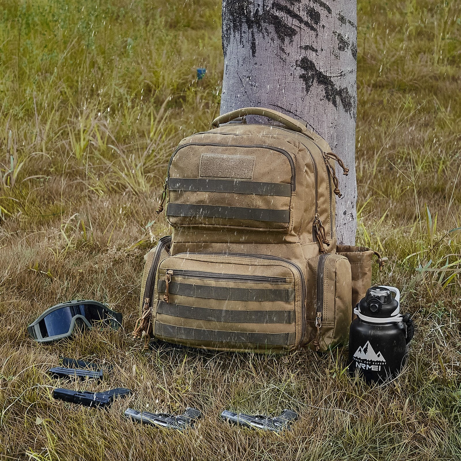 Versatile Tactical Range Backpack for 6 Pistols with Lockable Zipper and 10 Magazines, Ideal for Outdoor Hunting & Shooting, Durable Brown Design