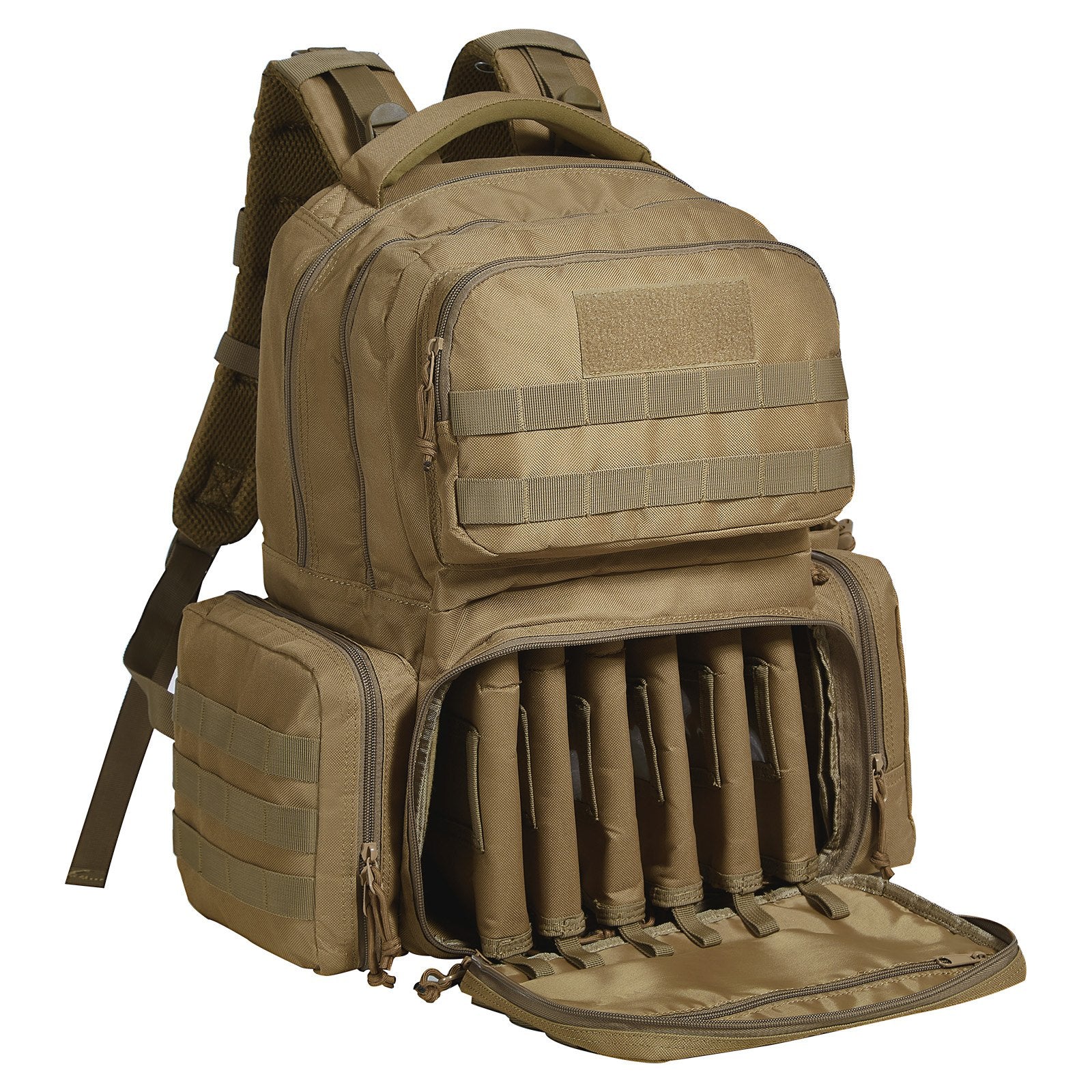 Versatile Tactical Range Backpack for 6 Pistols with Lockable Zipper and 10 Magazines, Ideal for Outdoor Hunting & Shooting, Durable Brown Design