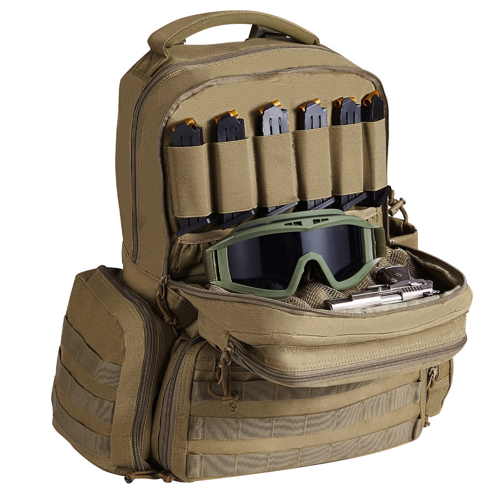 Versatile Tactical Range Backpack for 6 Pistols with Lockable Zipper and 10 Magazines, Ideal for Outdoor Hunting & Shooting, Durable Brown Design