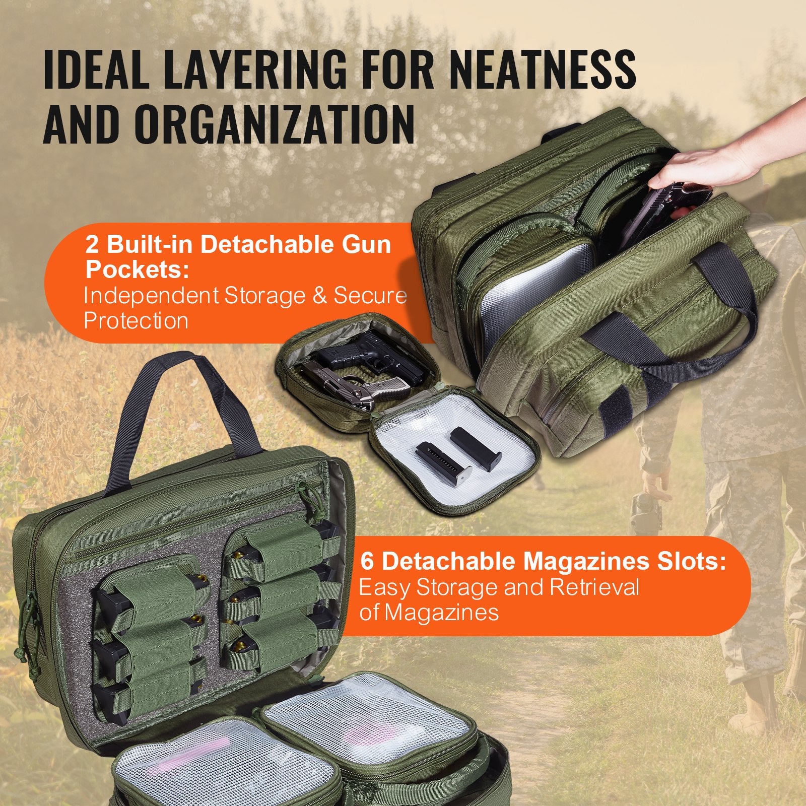 Tactical Range Bag for 2 Pistols with Removable Pistol Pockets, 6 Mag Slots, Lockable & Portable Gun Case for Hunting & Shooting, Green